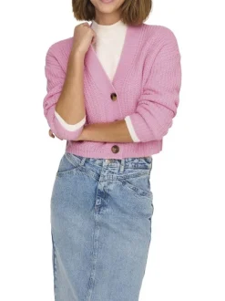 Gilet rose uni avec une coupe droite et un col v avec des boutons
