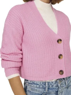 Gilet rose uni avec une coupe droite et un col v avec des boutons