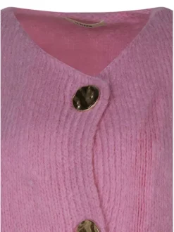 Gilet rose uni à coupe droite avec un col rond et des boutons dorés