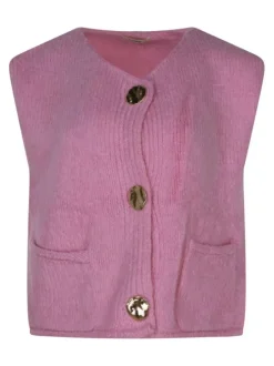 Gilet rose uni à coupe droite avec un col rond et des boutons dorés