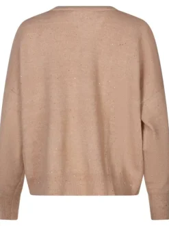 Gilet rose uni droit à col v boutonné et à manches longues avec sequins dorés