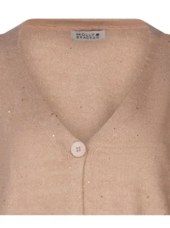Gilet rose uni droit à col v boutonné et à manches longues avec sequins dorés