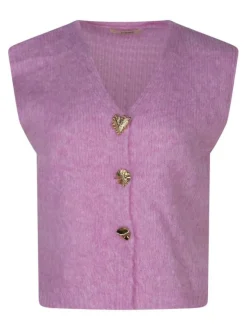 Gilet rose uni sans manches avec un col en V et des boutons métalliques dorés