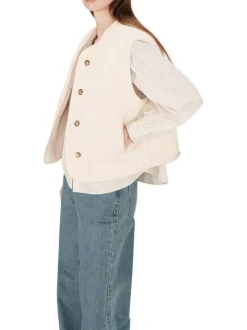 Gilet réversible en coton écru en velours avec une coupe droite et un col rond