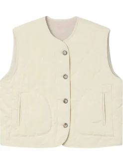 Gilet réversible en coton écru en velours avec une coupe droite et un col rond