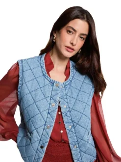 Gilet sans manche en coton bleu à coupe droite pourvu d'une fermeture boutonnée