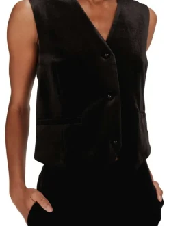 Gilet sans manches noir uni en velours avec une coupe ajustée