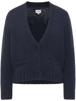 Gilet Sedalia marine uni à coupe droite, col v à boutons et à manches longues