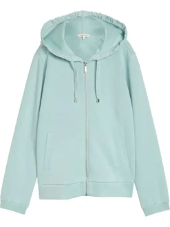 Gilet vert d'eau à coupe droite pourvu d'un col à capuche et de manches longues