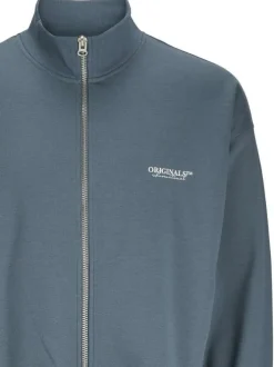Gilet zippé bleu uni en maille piquée à coupe droite avec un col montant