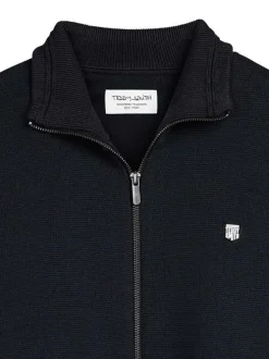 Gilet zippé en coton bleu marine uni en maille avec un col à revers