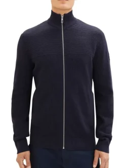 Gilet zippé en coton marine avec une coupe droite et un col montant