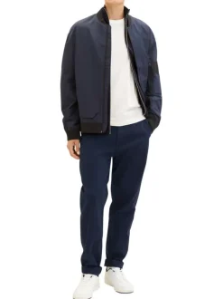 Gilet zippé en coton marine avec une coupe droite et un col montant