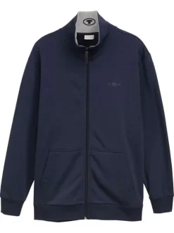 Gilet zippé en coton mélangé bleu marine uni avec un col montant et des poches