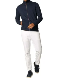 Gilet zippé en coton mélangé bleu marine uni à coupe slim fit et à col montant