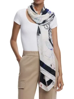 Grand foulard écru avec des motifs abstraits multicolores