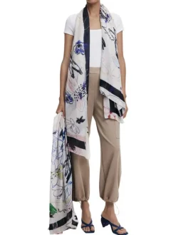 Grand foulard écru avec des motifs abstraits multicolores