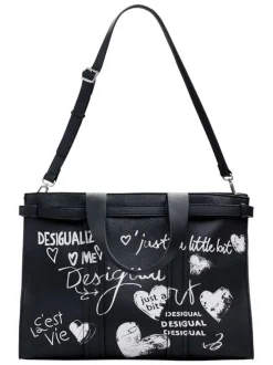 Grand sac cabas noir fermé par un zip avec des écritures imprimées