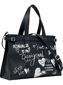 Grand sac cabas noir fermé par un zip avec des écritures imprimées