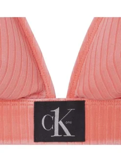 Haut de maillot de bain corail à rayures texturées verticales et logo noir