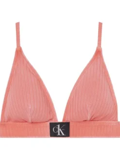 Haut de maillot de bain corail à rayures texturées verticales et logo noir
