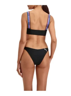 Haut de maillot de bain noir fantaisie coupe près du corps avec un col carré et des manches à bretelles larges