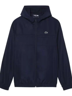 Imperméable à capuche marine avec une coupe droite et un col montant