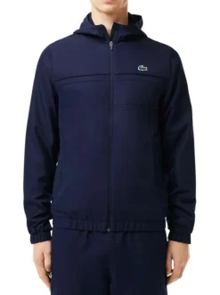 Imperméable à capuche marine avec une coupe droite et un col montant