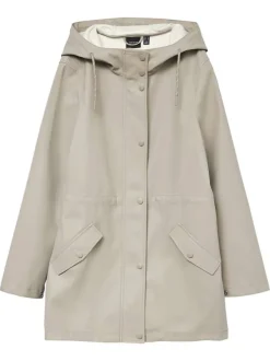 Imperméable ciré beige pourvu d'un col à capuche avec cordon de serrage