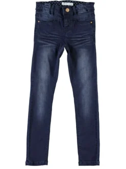 Jean bleu délavé avec une coupe slim et à fermeture zippée boutonnée