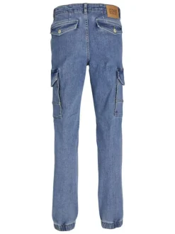 Jean cargo bleu délavé avec une coupe slim fit et une taille mi-haute