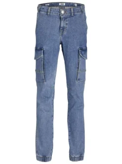 Jean cargo bleu délavé avec une coupe slim fit et une taille mi-haute