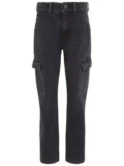 Jean cargo noir délavé en coton recyclé avec une coupe dad et à 6 poches