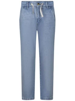 Jean en coton bleu à coupe droite pourvu d'une taille élastiquée