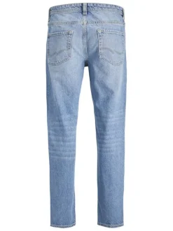 Jean en coton bleu ciel délavé à coupe droite avec 5 poches et surpiqûres beiges