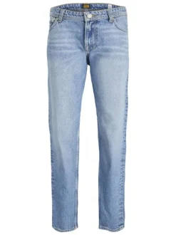 Jean en coton bleu ciel délavé à coupe droite avec 5 poches et surpiqûres beiges