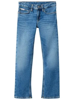 Jean en coton bleu légèrement délavé aux cuisses à coupe droite