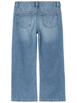 Jean en coton bleu légèrement délavé à taille basse avec une coupe large