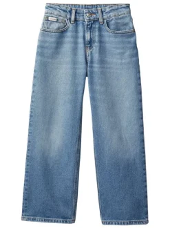 Jean en coton bleu uni avec une coupe droite à zip et à bouton