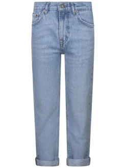Jean en coton bleu uni avec un patch d'authenticité et une coupe droite