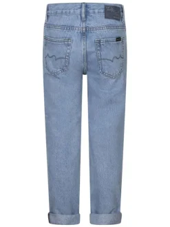 Jean en coton bleu uni avec un patch d'authenticité et une coupe droite