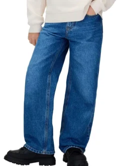 Jean en coton bleu uni coupe regular intermédiaire avec des surpiqûres camel