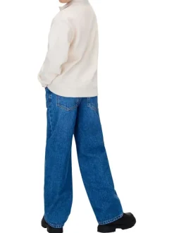 Jean en coton bleu uni coupe regular intermédiaire avec des surpiqûres camel