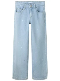 Jean en coton bleu uni pourvu de multiples poches et d'une coupe droite