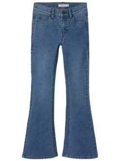 Jean en coton mélangé bleu avec une coupe bootcut et des passants pour ceinture