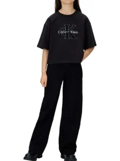 Jean en coton noir uni à coupe large au niveau des jambes et à taille haute