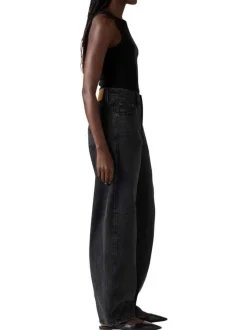 Jean baggy en coton anthracite uni à coupe ample avec étiquette de la marque