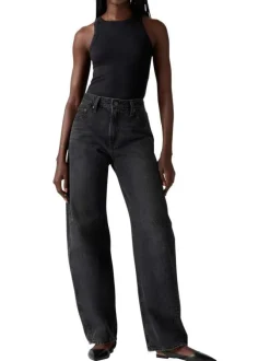 Jean baggy en coton anthracite uni à coupe ample avec étiquette de la marque