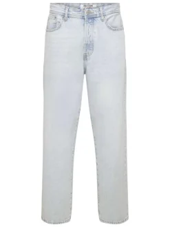 Jean Baggy en coton beige uni avec une coupe droite à zip et à bouton