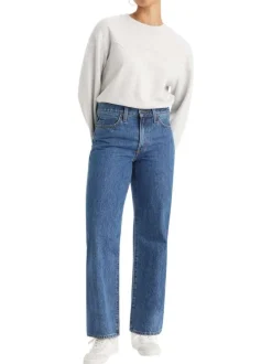 Jean 94 Baggy en coton bleu uni avec coupe droite et surpiqûres orange